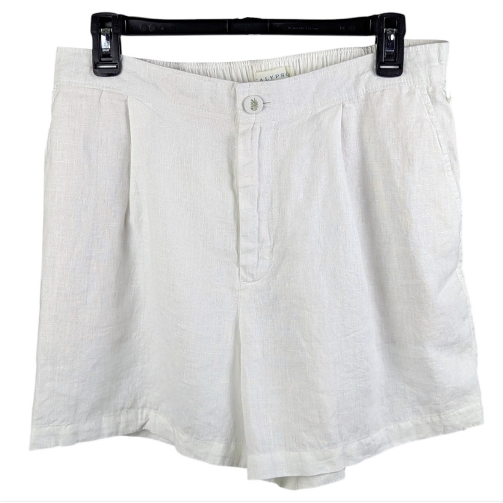 Calypso St. Barth 100% Linen Shorts Embroidered Palm Leaves White Medium